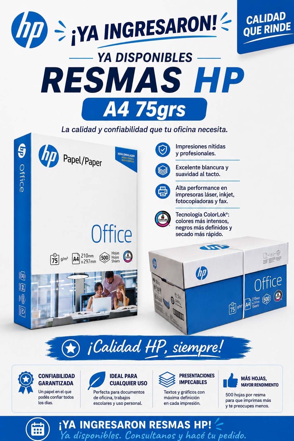 Resmas HP A4 de 75 gramos disponibles
